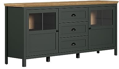 trendteam smart living - Stanton - Aparador - Verde Abeto y Roble Evoke | 185 x 86 x 45 cm · Extracción completa · 2 puertas, 3 cajones, 2 estantes