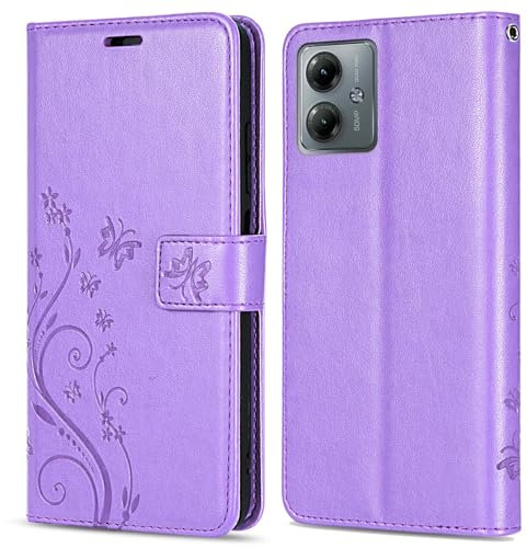 betterfon Hülle Kompatibel mit Motorola Moto G14 | Premium PU Leder Handyhülle Wallet Case für Moto G14 | Schutzhülle Blumen Klapphülle Handyhülle | Lila