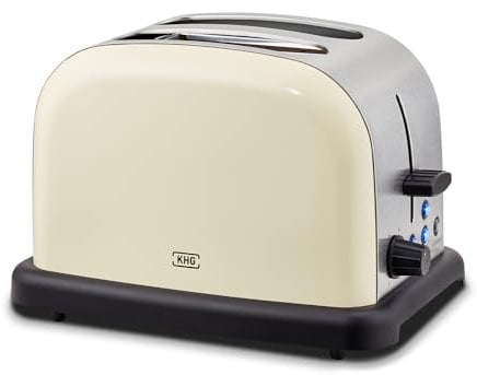 KHG Edelstahl Toaster mit Brötchenaufsatz, 2 Scheiben, 6 Bräunungsstufen mit Bräunungskontrolle, Krümelfach, 1000W Leistung, Außengehäuse - Creme, Retro, Vintage, American Diner Style