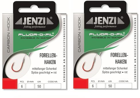 Set: 2 Packungen JENZI gebundene Forellenhaken (12 Stück) an Fluoro-Carbon Schnur, 50cm Hakengröße 4, 6, 8, 10 & 12 je nach Auswahl + gratis Petri Heill! Aufkleber (Hakengröße # 6)