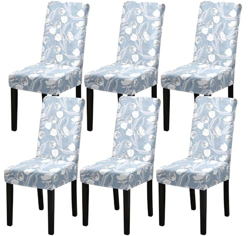 HZDHCLH Stuhlhussen 4er Set Stuhlbezüge Stretch abnehmbar, waschbar, Esszimmerstuhl-Schutzsitz für Hotel Restaurant Küche Hochzeitsfeier(Blaue Tulpe/6 Stück)