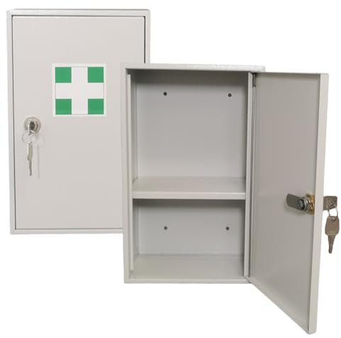 LEOMAR Medizinschrank, Apothekerschrank aus Stahlblech, mit 1 Ablage, Abschließbar, Hausapotheke inkl. 2 Schlüssel, Medikamentenschrank, Erste-Hilfe-Schrank mit Metalltüren, 12 x 20 x 32 cm