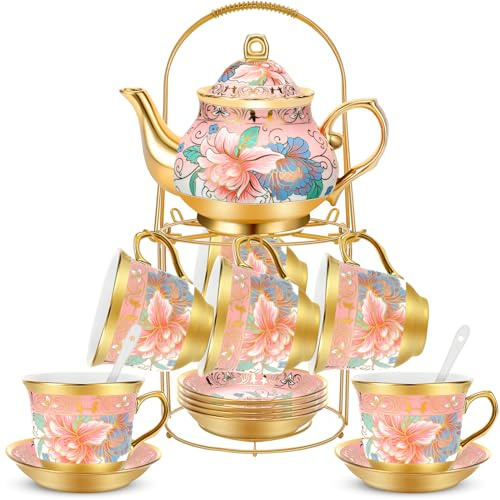 Gandeer Servizio da tè in porcellana per adulti, con supporto in metallo, set da tè europeo in ceramica placcata oro, set da tè vintage per donne, per 6 persone (fresco)