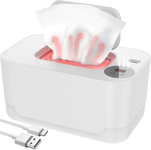 Baby Wipe Warmer, Thermostat Baby Wipe Heater, 40-55°C Adjustable Wet Wipes Warmer, Portable Baby Wipes Dispenser with LED Display, USB Baby Wipe Warmer for Car Home Baby Nursery(white)