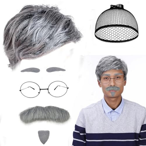 7 Stück Opa Perücke Grau,Opa Kostüm Set Großvater Perücke Alter Mann Cosplay,Alter Mann Perücke Grau Rentner Kostüm Perücke Herren Bart grau für Halloween, Karneval, Party