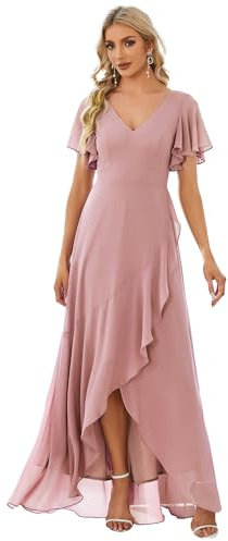 Ever-Pretty Robe pour Mariage Invité Femme Longue Asymétrique Manches Courtes Col V Fendue Fluide Chic Rose Poussiéreuse 46