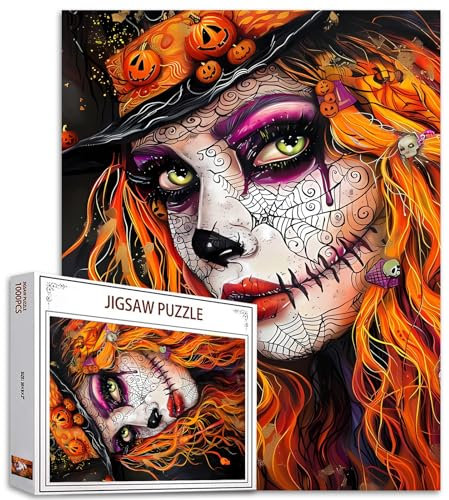 Tucocoo Halloween Girl Jigsaw Puzzle 1000 Pieces Puzzles for Adults, Spider Web Scary Face Portrait Art Jigsaw Puzzles for Challenging Family Activity Games Colorful DIY Puzzle for Home Decor Gifts