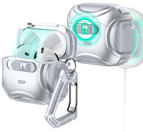 ESR für AirPods 4 Hülle, kompatibel mit AirPods 4 Gen (2024) (USB-C), kompatibel mit MagSafe, sturzsicherer Verschluss, einfaches Öffnen, Cyber Serie, Grau