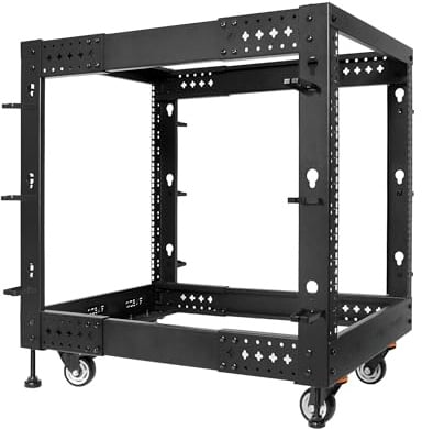 RIVECO 12U Server-Rack, verstellbare Tiefe, Netzwerk mit 4 Pfosten, offener Rahmen mit Nivellierfüßen und Rädern, vollständig Nieten, 635 kg