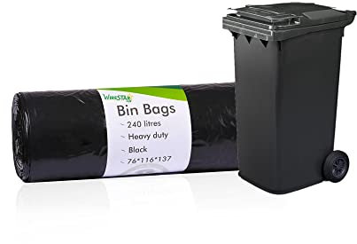 Wirestar Hub™ 24 Wheelie Bin Liners – 240 Litre Heavy Duty Black Bin Bags – 140 Gauge, 35 Micron – Strong Refuse Sacks of Size (76 x 116 x 137cm / 30 x 46 x 54 inch)