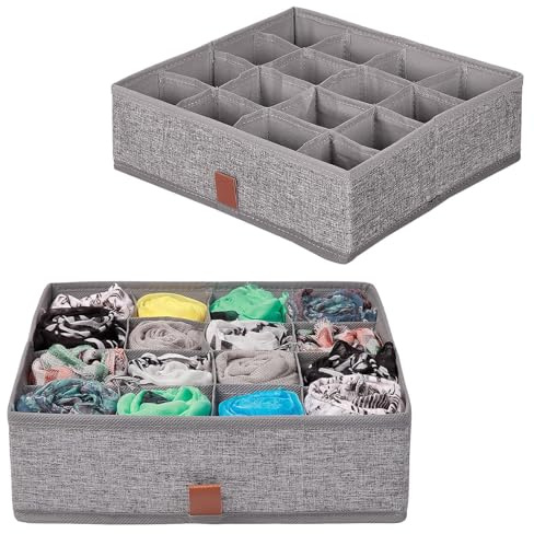 Alex Nash Clothes Drawer Organisers - 16 Compartment Storage Cube for Underwear, Socks, Ties, Scarves & Cosmetics - Collapsible Fabric Drawer Dividers for Wardrobe & Bedroom – 2pc, Grey