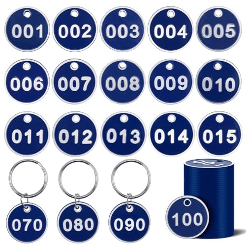 1-50 Numbered Key Tags, Round Metal Tags, Key Chain Labels, Key Tags for Home, Office and Garage, Dorm Keys, House Lockers (Red), 1-100 Blue