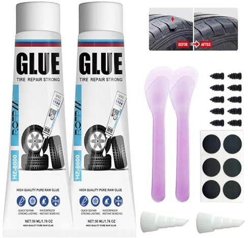ROFPM Black Tyre Sealant Glue & Repair Kit - Car/Bike/Van Tyre Repair Glue with Patches - Puncture Repair Glue for Sidewalls, Cracks - 50ml*2 Rubber Glue for Tyres ·