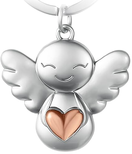 GERNEO Porte-clés ange gardien Maya - Un cœur pour vous - Élégant porte-bonheur en or, or rose ou argent, Or rose, 4 x 0.9 x 4 cm