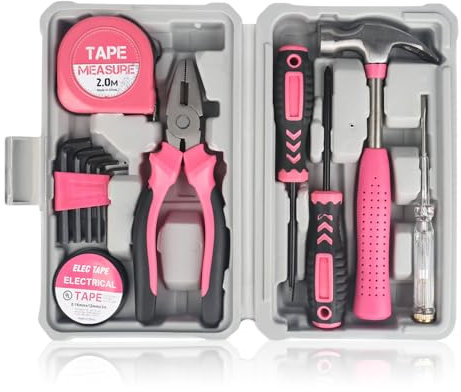 XTDMJ Kit de herramientas rosa de 12 piezas, kit de herramientas para el hogar, kit de herramientas pequeñas, herramientas básicas de inicio para mujer, herramientas de bricolaje para el hogar y la