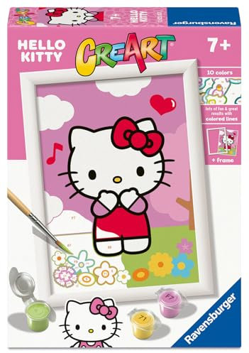 Ravensburger - Creart E: Hello Kitty | Pintar por Numeros Niños | Kit Manualidades Niños | Kit Pintura Niños Completo | Manualidades Niña 7 años | Incluye Marco 13x18cm