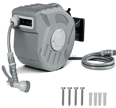 Retractable Garden Hose Reel with 20M + 2M Hosepipe, 9 in 1 Spray Nozzle Wall Mounted Garden Hoses, Air Hose Reel Automatic Rewind Lockable 180° Swivel Bracket
