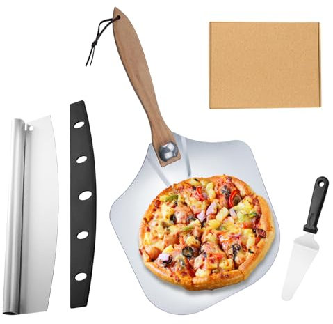 Holzsammlung Juego de Palas Para Pizza, 12 Pulgadas Profesional Pala Pizza Aluminio con Mango Plegable + Corta Pizza de Acero Inoxidable, Accesorios Cocina Hogar Gourmet (30,6 X 30,5 CM)