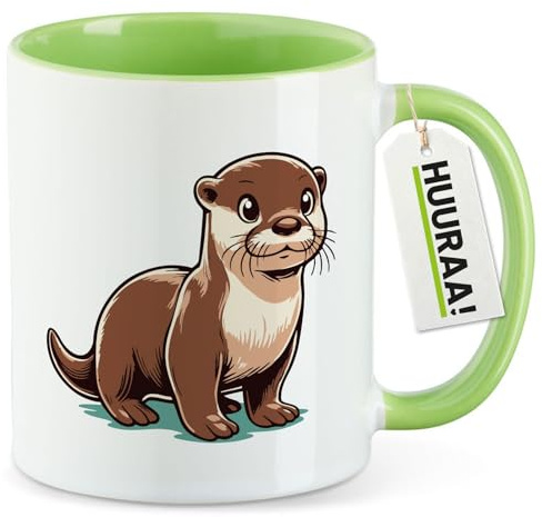 Huuraa Kaffeetasse Otter Comic Geschenk | Motivtasse 330ml Grün Keramik Tasse mit Spruch Kaffeebecher Geschenkidee Becher mit Motiv