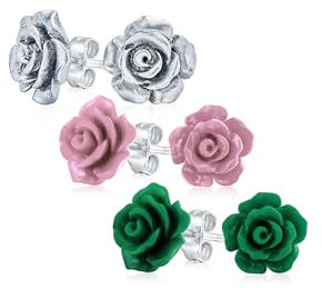 Set di tre romantici delicati orecchini a forma di fiore intagliati in 3D verde scuro, viola, malva e argento per donne, adolescenti e per la mamma, placcati in argento.