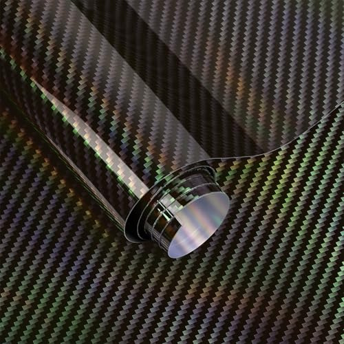 2D Holographic Carbon Fiber Vinyl Wrap, Foneso High Gloss Black Chrome Wrapping Film with Air Release Technology Auto Car Sticker Decal Sheet, Self Adhesive DIY Paint Replacement Wrap Roll 1ft x 10ft