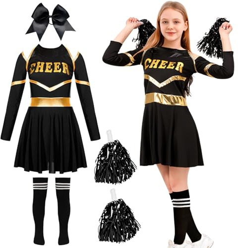DUOLAM Deguisement Pompom Girl Enfant: Costume de Cheerleader Noir pour Filles avec Pompoms Couvre-chefs et Chaussettes Cosplay Costume Carnaval Mascarade (160)