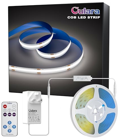 OULARA COB LED Strip 6000K Daylight White LED Strip Light 10M Dimmable Super Bright 24V CRI 90+ Flexible Tape Lights Kit with RF Remote Timer Function for Kitchen Cabinet Shelf TV DIY Lighting Project