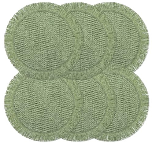 fanquare Green Paper Placemats Set of 6 Round Woven Table Place with Tissel Farmhouse Rustic Heat Resistant Tablemats for Dining Decoration 38cm