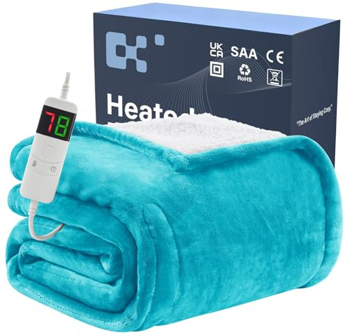 BOMOVA Electric Heated Blanket Single Throw (130x160cm,Teal)-Flannels Fleece Winter Warm Blanket,10-Level Heating & 5 Auto Timer,Cozy Sofa Throw for Home Office,Xmas House Warming New Home Gifts