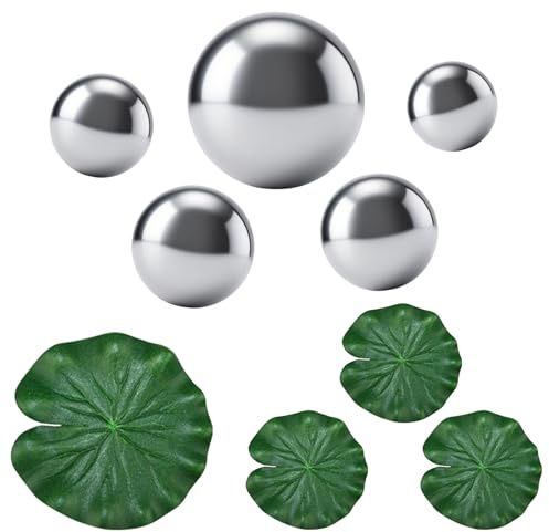 inkihuit Edelstahl Schwimmkugeln Set mit 4 Lotusblättern - Reflektierende Wasserdekoration für Terrassenteich, Mini-Teich & Gartenbrunnen