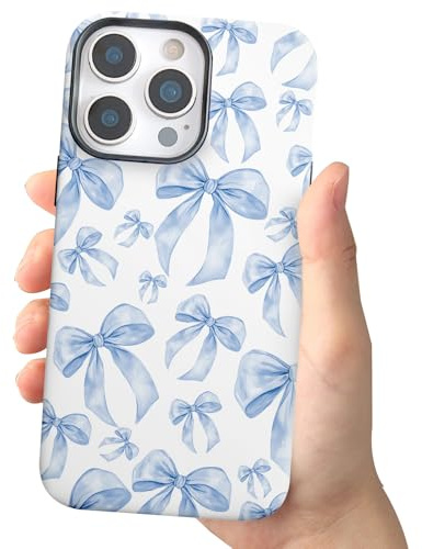 ECZOIL Compatible for iPhone13 Pro Case,Cute Aesthetic Trendy Bow Pattern,Shockproof Hybrid Hard Back Phone Cover for Women-Blue Bow