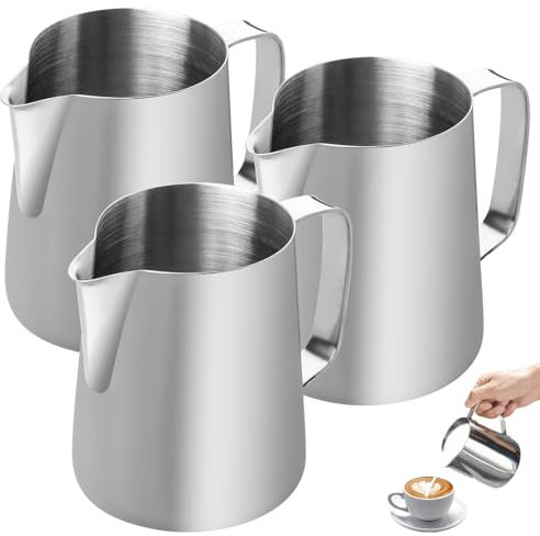 Lot de 3 pots à lait en acier inoxydable - 150 ml - Pichets à mousse de lait argentés - Pichets à mousser le lait - Pichets à expresso pour mousseur à lait, cappuccino, macchiato