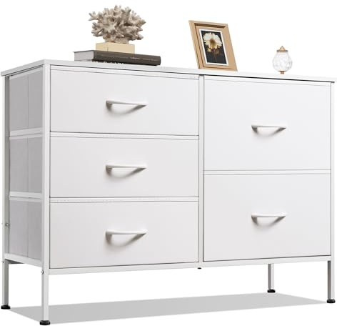 WLIVE 5 Drawer White Chest of Drawers, Fabric Dresser for Bedroom | Easy Pull Handle, Wood Top and Sturdy Steel Frame, Wide TV Stand for Living Room, Kids Room, Easy to Assemble
