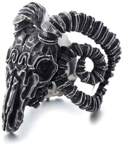 Hakfeeo Baphomet Goat Head Ring for Men - Stainless Steel Occult Gothic Jewelry, Mythological Demon Horned Satanic Statement Ring