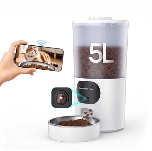Distributeur Croquettes Chat Automatique, WiFi Caméra, Bol Inoxydable, Programmable & Portionnée, Batterie de Secour - PF1 Blanc - Détection de Mouvement