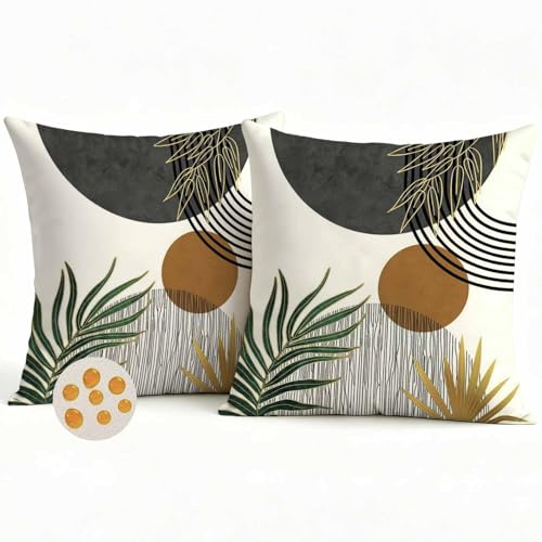 Avalune Outdoor Kissenbezug 40x40 Wasserfest Kissen Bezug Grau Beige Dekokissenhülle Wasserdichtes Boho Geometrische Tropische Blätter Gartenkissen Kissenbezüge für Garten Sofa Terrasse 2er Set