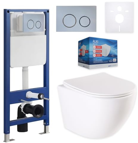 sanicomfort Wand WC-Set Aliki + Vorwandelement inkl. runder Betätigungsplatte hellgrau | Unterputz-Komplettset mit 2-Mengen-Spülung | Hygienische Keramik & stabile Montage