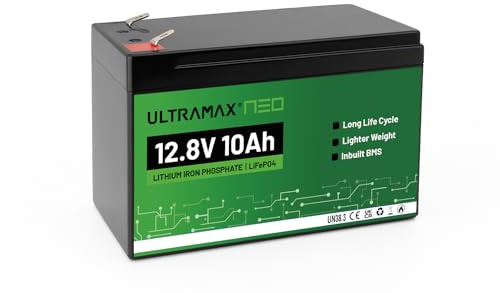 ULTRAMAX Neo 12V 10AH Lithium Battery (LiFePO4), 10000+ Cycles, 10 Year Life, Rechargeable