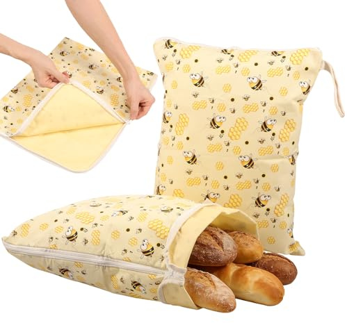 2Pcs Reusable Beeswax Bread Bags for Homemade Sourdough Bread Wide Zipper Access Organic Beeswax Cotton Linen Storage Bags for Freezer Refrigerator Freshness Keeper Bakery Essentials(Yellow)