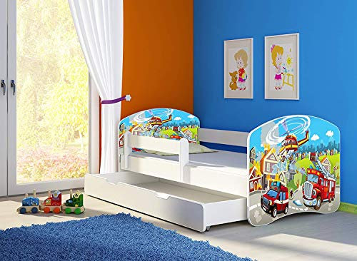 CLAMARO 'Fantasia Weiß' 180 x 80 Kinderbett Set inkl. Matratze, Lattenrost und mit Bettkasten Schublade, mit verstellbarem Rausfallschutz und Kantenschutzleisten, Design: 37 Feuerwehr
