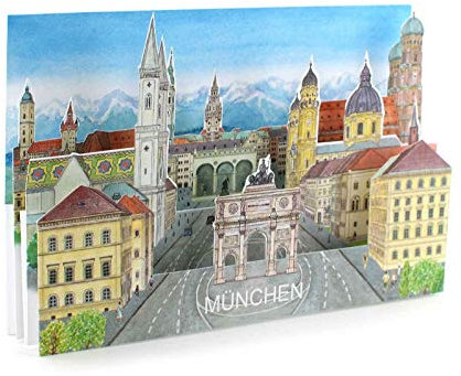 Pop Up Karte München: Liebevoll gezeichnete 3D Karte mit Minga Panorama und Umschlag, Geburtstagskarte aus Bayern als Deko & Souvenir, Einladungskarte, Geschenkgutschein & Reisegutschein, airbnb
