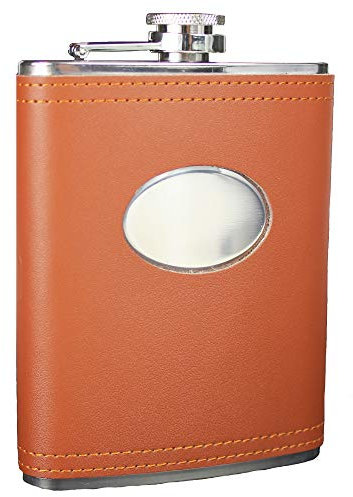 Prime Homewares Engravable Leather Flask or Hip Flask Gift Sets with 4 Cups and Funnel (8oz Brown Leather Engravable Flask)