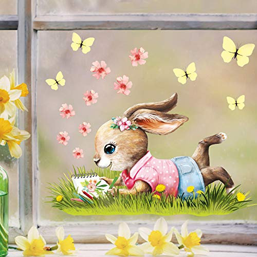 Wandtattoo Loft Fensterbilder Frühling mit Hasen Motiv – A3 Bogen, Wiederverwendbar – Frühlingsdeko Fenster, Frühlingsbild Fenster, Fensterdeko Frühling, Fensterfolie Frühling Selbstklebend