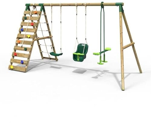 Rebo® Wooden Swing Set with Up and Over Climbing Wall - Sienna Green | OutdoorToys | Knotted Climbing Rope, Glider Swing Seat, Sturdy Wooden Construction, Pressure Treated Timber