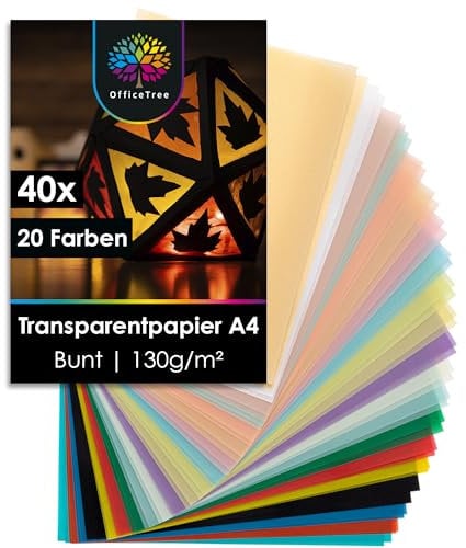 OfficeTree 40x Transparentpapier Bunt A4-20 Farben - 130 g/m² - Pergamentpapier Bunt inkl. Gold & Silber - Buntes Transparentpapier zum Basteln von Laternen