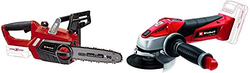 Einhell GE-LC 18/25 Li-Solo Power X-Change Cordless Chainsaw & 4431110 TE-AG 18 Li Solo Power X-Change 115 mm Cordless Angle Grinder, Black/Red/Stainless Steel, 11.0 cm*26.5 cm*13.3 cm
