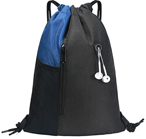 flintronic Turnbeutel Mit Reißverschluß Innentasche, Sportbeutel Gym Bag Rucksack Beutel Mit Loch für Kopfhörer für Herren & Damen, Sporttasche für Fitness & Freizeit Reiseschule- Blau
