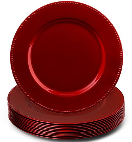 Okllen Lot de 12 assiettes rondes en plastique avec perles rouges de 33 cm - Assiettes de service décoratives en relief pour mariage, restauration, décoration de table