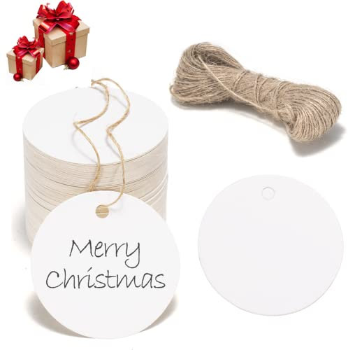 Geschenkanhänger Hochzeit Weiß 100 stück Rund Etiketten Weihnachten mit 30m Juteschnur, Anhänger für Geschenk Weihnachten Ostern (5,5x5,5cm)
