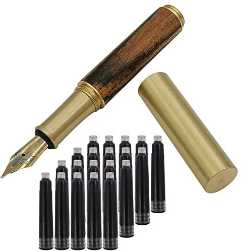 SIPLIV Handcrafted Brass Wooden Fountain Pen Short Paragraph (85mm) Pocket Mini Travel Pen with 20 Pcs Black Ink Cartridges, Brownish Black Stripes